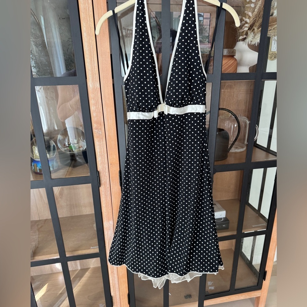 Vintage Y2K Polka Dots Halter Dress Empire waist bow Tulle Hem retro midi sexy